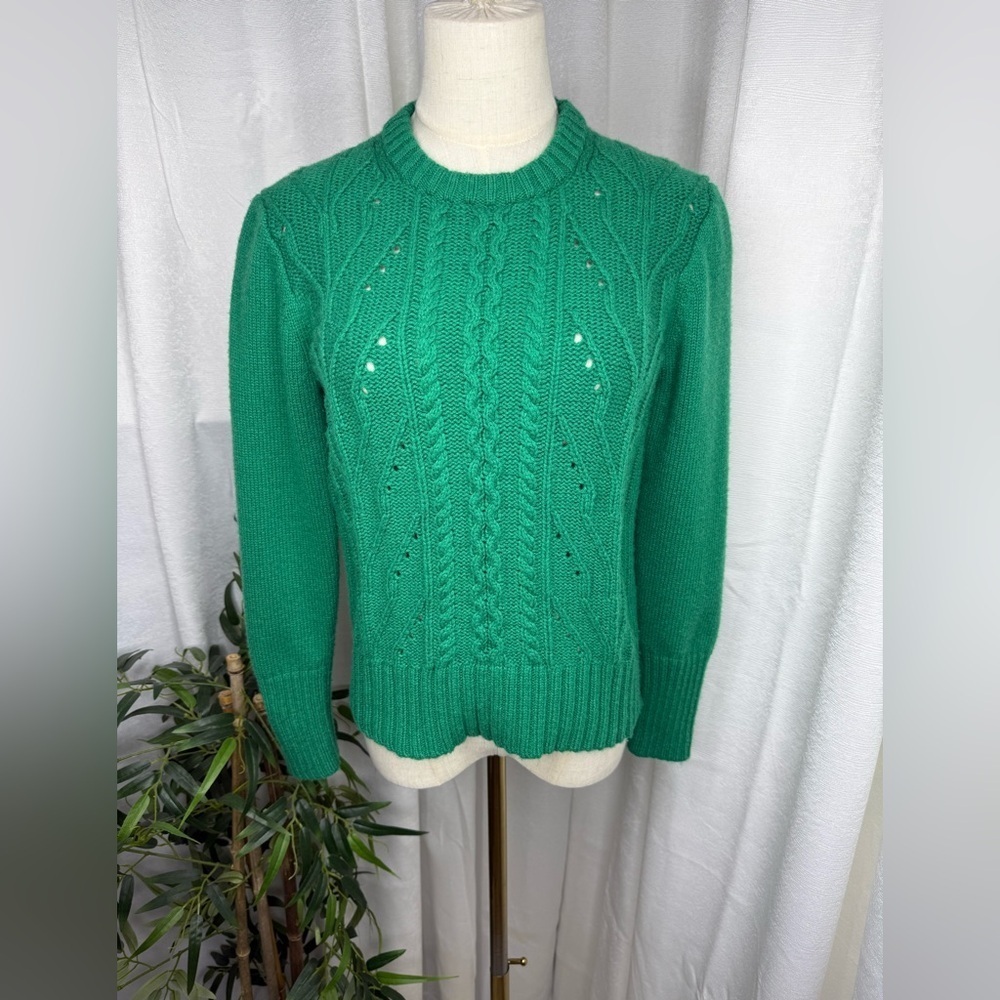 J. Crew Women’s Green Ribbed Crew Neck Cable Knit Sweater Sz Small - Picture 2 of 11